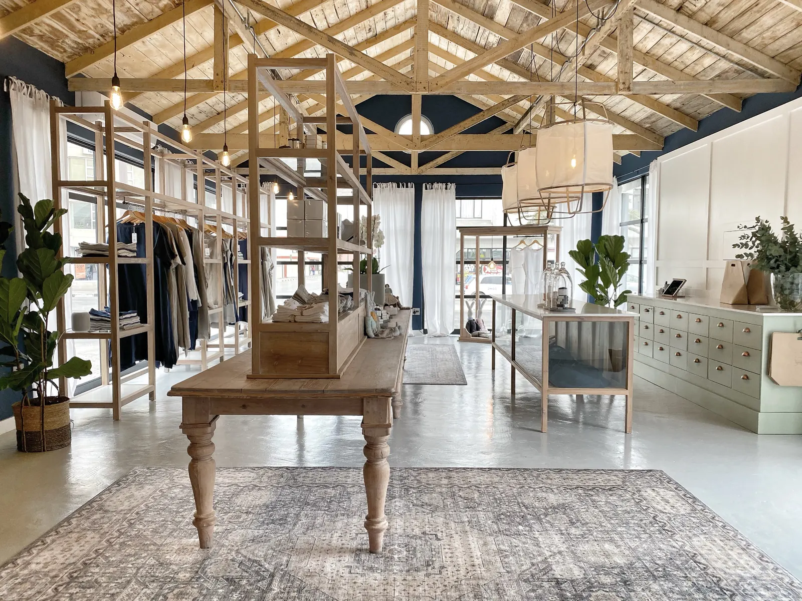 The Deidre & Co shop in Swakopmund, with oak fittings under timber trusses